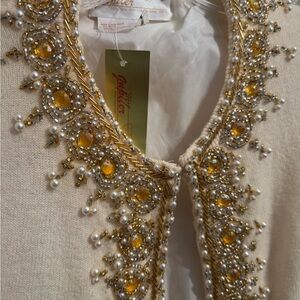 Grazie Gold and Cream Brooch-Embellished Cardigan